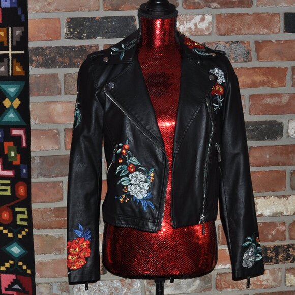 Guess Floral Embroidered Faux Leather Moto Jacket XS - Picture 6 of 7